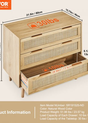 3 Drawer Rattan Dresser, Natural Rattan Closet Dresser with 3 Drawers, Modern Wood Chest Clothing Organizer & Storage Boho Dresser with Sturdy Handles & Legs, for Bedroom, Living Room & Hallway