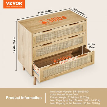 3 Drawer Rattan Dresser, Natural Rattan Closet Dresser with 3 Drawers, Modern Wood Chest Clothing Organizer & Storage Boho Dresser with Sturdy Handles & Legs, for Bedroom, Living Room & Hallway