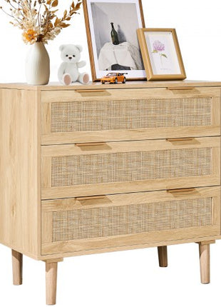 3 Drawer Rattan Dresser, Natural Rattan Closet Dresser with 3 Drawers, Modern Wood Chest Clothing Organizer & Storage Boho Dresser with Sturdy Handles & Legs, for Bedroom, Living Room & Hallway