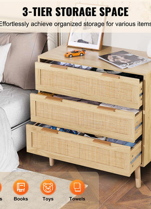 3 Drawer Rattan Dresser, Natural Rattan Closet Dresser with 3 Drawers, Modern Wood Chest Clothing Organizer & Storage Boho Dresser with Sturdy Handles & Legs, for Bedroom, Living Room & Hallway