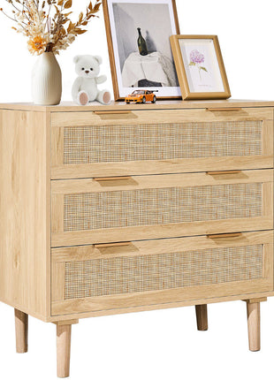 3 Drawer Rattan Dresser, Natural Rattan Closet Dresser with 3 Drawers, Modern Wood Chest Clothing Organizer & Storage Boho Dresser with Sturdy Handles & Legs, for Bedroom, Living Room & Hallway