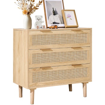 3 Drawer Rattan Dresser, Natural Rattan Closet Dresser with 3 Drawers, Modern Wood Chest Clothing Organizer & Storage Boho Dresser with Sturdy Handles & Legs, for Bedroom, Living Room & Hallway
