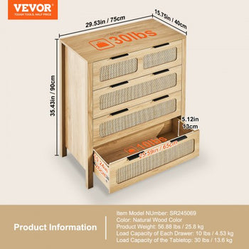 4 Drawer Rattan Dresser, Boho Dresser, Rattan Chest of Drawers with Spacious Storage, Natural Rattan Dresser for Bedroom, Living Room & Hallway,Rattan Nightstand with Sturdy Handles&Legs, Brown