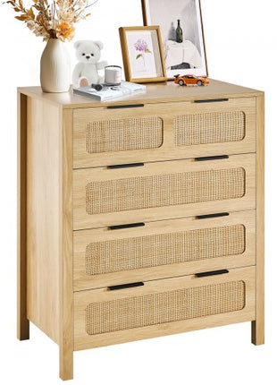 4 Drawer Rattan Dresser, Boho Dresser, Rattan Chest of Drawers with Spacious Storage, Natural Rattan Dresser for Bedroom, Living Room & Hallway,Rattan Nightstand with Sturdy Handles&Legs, Brown