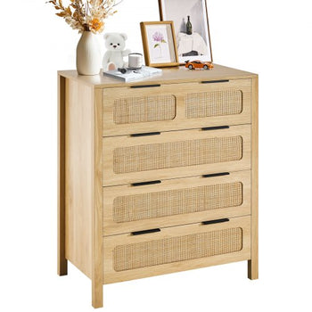 4 Drawer Rattan Dresser, Boho Dresser, Rattan Chest of Drawers with Spacious Storage, Natural Rattan Dresser for Bedroom, Living Room & Hallway,Rattan Nightstand with Sturdy Handles&Legs, Brown