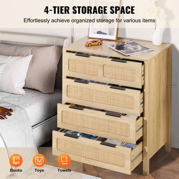 4 Drawer Rattan Dresser, Boho Dresser, Rattan Chest of Drawers with Spacious Storage, Natural Rattan Dresser for Bedroom, Living Room & Hallway,Rattan Nightstand with Sturdy Handles&Legs, Brown