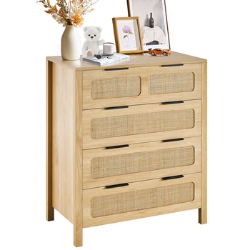4 Drawer Rattan Dresser, Boho Dresser, Rattan Chest of Drawers with Spacious Storage, Natural Rattan Dresser for Bedroom, Living Room & Hallway,Rattan Nightstand with Sturdy Handles&Legs, Brown