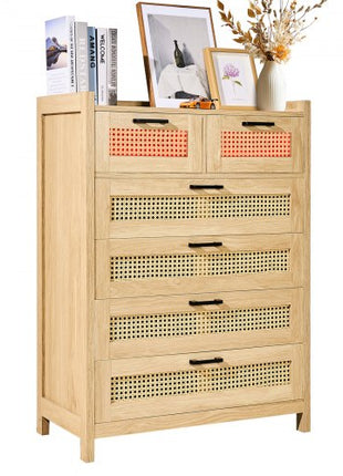 5 Drawer Rattan Dresser, Boho Dresser, Rattan Chest of Drawers with Spacious Storage, Natural Rattan Dresser for Bedroom, Living Room & Hallway,Rattan Nightstand with Sturdy Handles&Legs, Brown