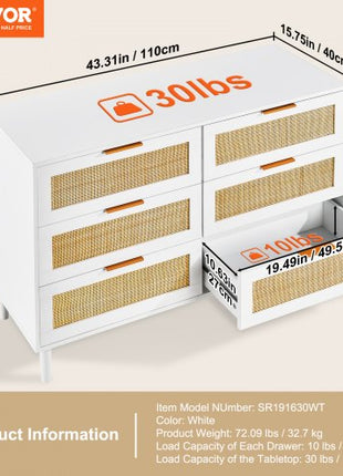6 Drawer Rattan Dresser, Boho Dresser, Rattan Chest of Drawers with Spacious Storage, Natural Rattan Dresser for Bedroom, Living Room & Hallway,Rattan Nightstand with Sturdy Handles&Legs, White