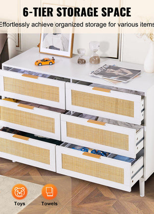6 Drawer Rattan Dresser, Boho Dresser, Rattan Chest of Drawers with Spacious Storage, Natural Rattan Dresser for Bedroom, Living Room & Hallway,Rattan Nightstand with Sturdy Handles&Legs, White
