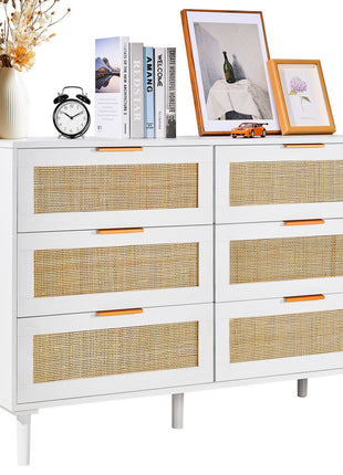 6 Drawer Rattan Dresser, Boho Dresser, Rattan Chest of Drawers with Spacious Storage, Natural Rattan Dresser for Bedroom, Living Room & Hallway,Rattan Nightstand with Sturdy Handles&Legs, White
