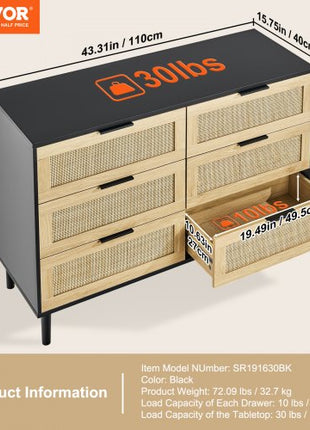 6 Drawer Rattan Dresser, Natural Rattan Closet Dresser with 6 Drawers, Modern Wood Chest Clothing Organizer & Storage Boho Dresser with Sturdy Handles & Legs, for Bedroom, Living Room & Hallway