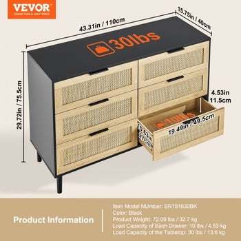 6 Drawer Rattan Dresser, Natural Rattan Closet Dresser with 6 Drawers, Modern Wood Chest Clothing Organizer & Storage Boho Dresser with Sturdy Handles & Legs, for Bedroom, Living Room & Hallway