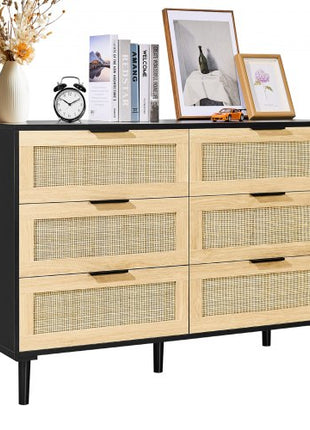 6 Drawer Rattan Dresser, Natural Rattan Closet Dresser with 6 Drawers, Modern Wood Chest Clothing Organizer & Storage Boho Dresser with Sturdy Handles & Legs, for Bedroom, Living Room & Hallway