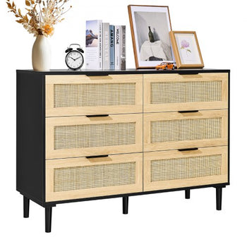 6 Drawer Rattan Dresser, Natural Rattan Closet Dresser with 6 Drawers, Modern Wood Chest Clothing Organizer & Storage Boho Dresser with Sturdy Handles & Legs, for Bedroom, Living Room & Hallway