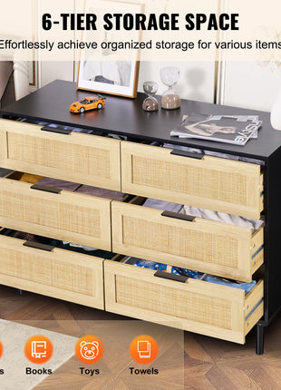 6 Drawer Rattan Dresser, Natural Rattan Closet Dresser with 6 Drawers, Modern Wood Chest Clothing Organizer & Storage Boho Dresser with Sturdy Handles & Legs, for Bedroom, Living Room & Hallway