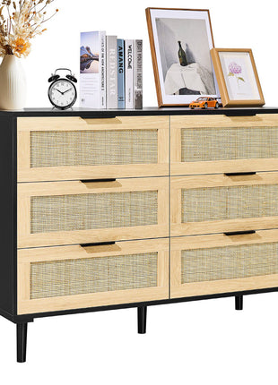 6 Drawer Rattan Dresser, Natural Rattan Closet Dresser with 6 Drawers, Modern Wood Chest Clothing Organizer & Storage Boho Dresser with Sturdy Handles & Legs, for Bedroom, Living Room & Hallway