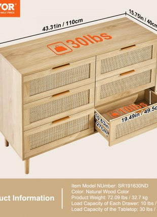 6 Drawer Rattan Dresser, Boho Dresser, Rattan Chest of Drawers with Spacious Storage, Natural Rattan Dresser for Bedroom, Living Room & Hallway,Rattan Nightstand with Sturdy Handles&Legs, Brown