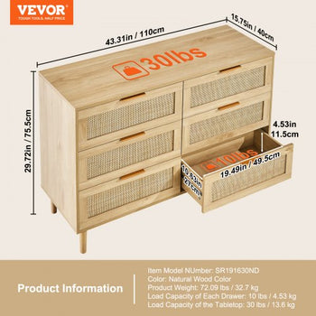6 Drawer Rattan Dresser, Boho Dresser, Rattan Chest of Drawers with Spacious Storage, Natural Rattan Dresser for Bedroom, Living Room & Hallway,Rattan Nightstand with Sturdy Handles&Legs, Brown