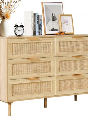 6 Drawer Rattan Dresser, Boho Dresser, Rattan Chest of Drawers with Spacious Storage, Natural Rattan Dresser for Bedroom, Living Room & Hallway,Rattan Nightstand with Sturdy Handles&Legs, Brown