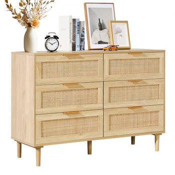 6 Drawer Rattan Dresser, Boho Dresser, Rattan Chest of Drawers with Spacious Storage, Natural Rattan Dresser for Bedroom, Living Room & Hallway,Rattan Nightstand with Sturdy Handles&Legs, Brown