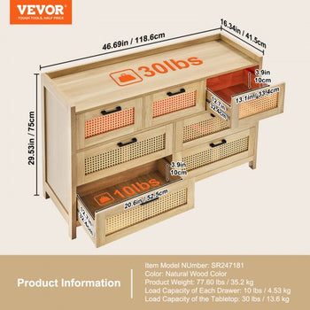 7 Drawer Rattan Dresser, Natural Rattan Wood Dressers with LED Light, Modern Wood Chest Clothing Organizer & Storage Boho Dresser with Sturdy Handles & Legs, for Bedroom, Living Room & Hallway