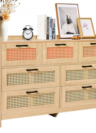 7 Drawer Rattan Dresser, Natural Rattan Wood Dressers with LED Light, Modern Wood Chest Clothing Organizer & Storage Boho Dresser with Sturdy Handles & Legs, for Bedroom, Living Room & Hallway