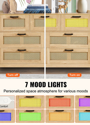7 Drawer Rattan Dresser, Natural Rattan Wood Dressers with LED Light, Modern Wood Chest Clothing Organizer & Storage Boho Dresser with Sturdy Handles & Legs, for Bedroom, Living Room & Hallway
