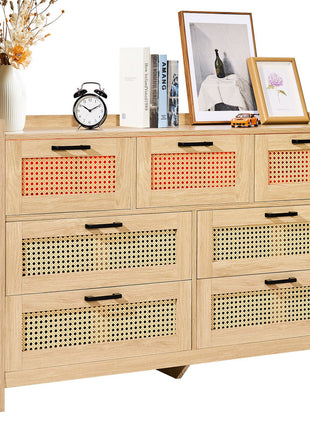 7 Drawer Rattan Dresser, Natural Rattan Wood Dressers with LED Light, Modern Wood Chest Clothing Organizer & Storage Boho Dresser with Sturdy Handles & Legs, for Bedroom, Living Room & Hallway