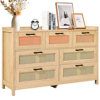 7 Drawer Rattan Dresser, Natural Rattan Wood Dressers with LED Light, Modern Wood Chest Clothing Organizer & Storage Boho Dresser with Sturdy Handles & Legs, for Bedroom, Living Room & Hallway