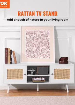 Rattan TV Stand, Boho TV Cabinet for 55 inch TV, Mid Century Modern TV Stand, Rattan TV Console with Adjustable Shelfs for  Living Room, Media Room, White