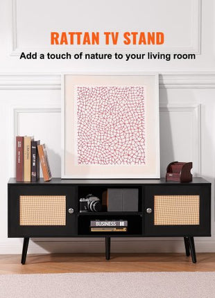 Rattan TV Stand, Boho TV Cabinet for 55 inch TV, Mid Century Modern TV Stand, Rattan TV Console with Adjustable Shelfs for  Living Room, Media Room, Black