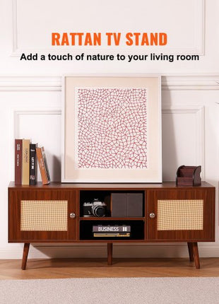 Rattan TV Stand, Boho TV Cabinet for 55 inch TV, Mid Century Modern TV Stand, Rattan TV Console with Adjustable Shelfs for  Living Room, Media Room, Walnut
