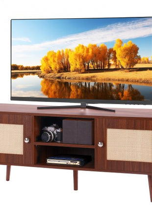 Rattan TV Stand, Boho TV Cabinet for 55 inch TV, Mid Century Modern TV Stand, Rattan TV Console with Adjustable Shelfs for  Living Room, Media Room, Walnut