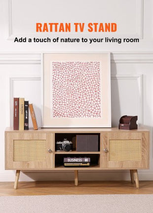 Rattan TV Stand, Boho TV Cabinet for 55 inch TV, Mid Century Modern TV Stand, Rattan TV Console with Adjustable Shelfs for  Living Room, Media Room, Oak