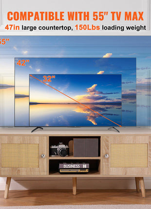 Rattan TV Stand, Boho TV Cabinet for 55 inch TV, Mid Century Modern TV Stand, Rattan TV Console with Adjustable Shelfs for  Living Room, Media Room, Oak
