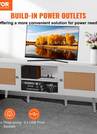 Rattan TV Stand for 65 inch TV, Boho TV Stand with Rattan Door, Entertainment Center with Build-in Socket and USB Ports, Modern TV Console for Living Room, Media Room, White