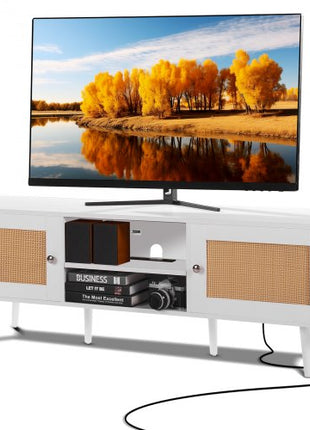 Rattan TV Stand for 65 inch TV, Boho TV Stand with Rattan Door, Entertainment Center with Build-in Socket and USB Ports, Modern TV Console for Living Room, Media Room, White