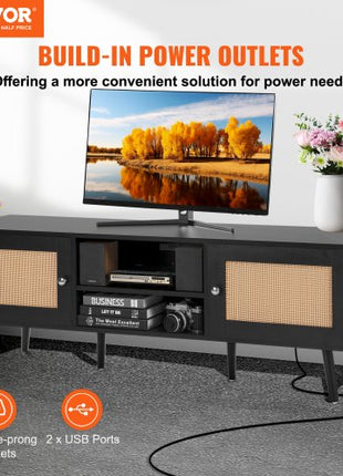 Rattan TV Stand for 65 inch TV, Boho TV Stand with Rattan Door, Entertainment Center with Build-in Socket and USB Ports, Modern TV Console for Living Room, Media Room, Black
