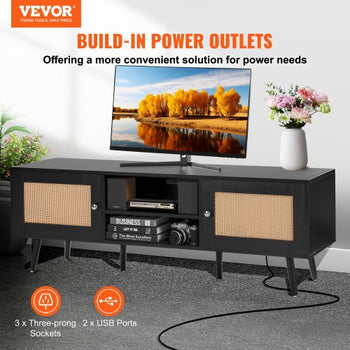 Rattan TV Stand for 65 inch TV, Boho TV Stand with Rattan Door, Entertainment Center with Build-in Socket and USB Ports, Modern TV Console for Living Room, Media Room, Black