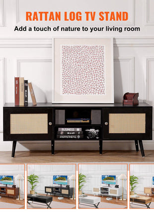 Rattan TV Stand for 65 inch TV, Boho TV Stand with Rattan Door, Entertainment Center with Build-in Socket and USB Ports, Modern TV Console for Living Room, Media Room, Black