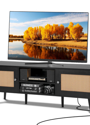 Rattan TV Stand for 65 inch TV, Boho TV Stand with Rattan Door, Entertainment Center with Build-in Socket and USB Ports, Modern TV Console for Living Room, Media Room, Black