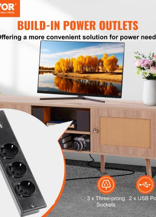 Rattan TV Stand, Mid Century Modern TV Stand for 65 inch TV, Boho Rattan TV Cabinet with Build-in Socket and USB Ports, Adjustable Shelfs for Living Room, Media Room, Oak