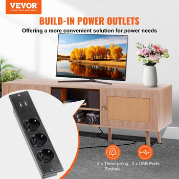 Rattan TV Stand, Mid Century Modern TV Stand for 65 inch TV, Boho Rattan TV Cabinet with Build-in Socket and USB Ports, Adjustable Shelfs for Living Room, Media Room, Oak
