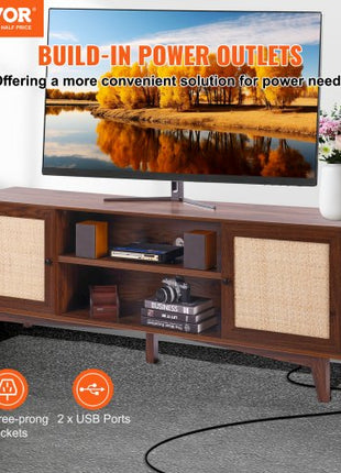 Rattan TV Stand for 75in TV, Boho TV Stand with Rattan Door, Entertainment Center with Build-in Socket, Storage Cabinet with 2 Shelves, Modern TV Console for Living Room, Media Room, Walnut