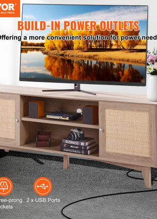 Rattan TV Stand, Mid Century Modern TV Stand for 75 inch TV, Boho Rattan TV Cabinet with Build-in Socket and USB Ports, Adjustable Shelfs for Living Room, Media Room, Oak
