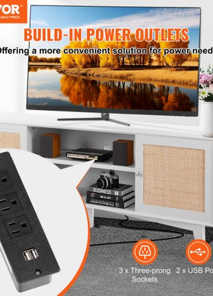 Rattan TV Stand for 75in TV, Boho TV Stand with Rattan Door, Entertainment Center with Build-in Socket, Storage Cabinet with 2 Shelves, Modern TV Console for Living Room, Media Room, White
