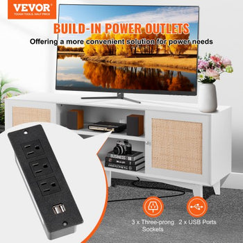 Rattan TV Stand for 75in TV, Boho TV Stand with Rattan Door, Entertainment Center with Build-in Socket, Storage Cabinet with 2 Shelves, Modern TV Console for Living Room, Media Room, White