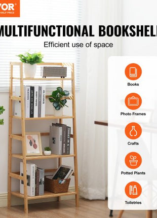 4-Tier Bamboo Ladder Shelf, Trapezoid Open Bookcase, Display Storage Rack Organizer, Freestanding Flower Plant Stand, Ladder Bookshelf Ideal for Bathroom, Bedroom, Office, Study, Natural