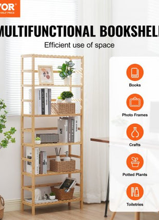 6-Tier Bamboo Shelf, Open Wood Bookshelf, Display Storage Rack Organizer, Freestanding Flower Plant Stand, Multifunctional Bamboo Bookshelf Ideal for Bathroom, Bedroom, Office, Study, Natural